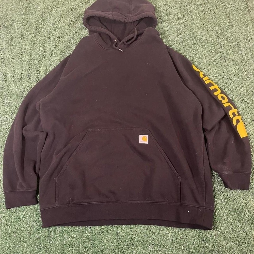 Carhartt Mens Loose Fit Heavyweight Hoodie Black Yellow Sleeve Logo XL 0155